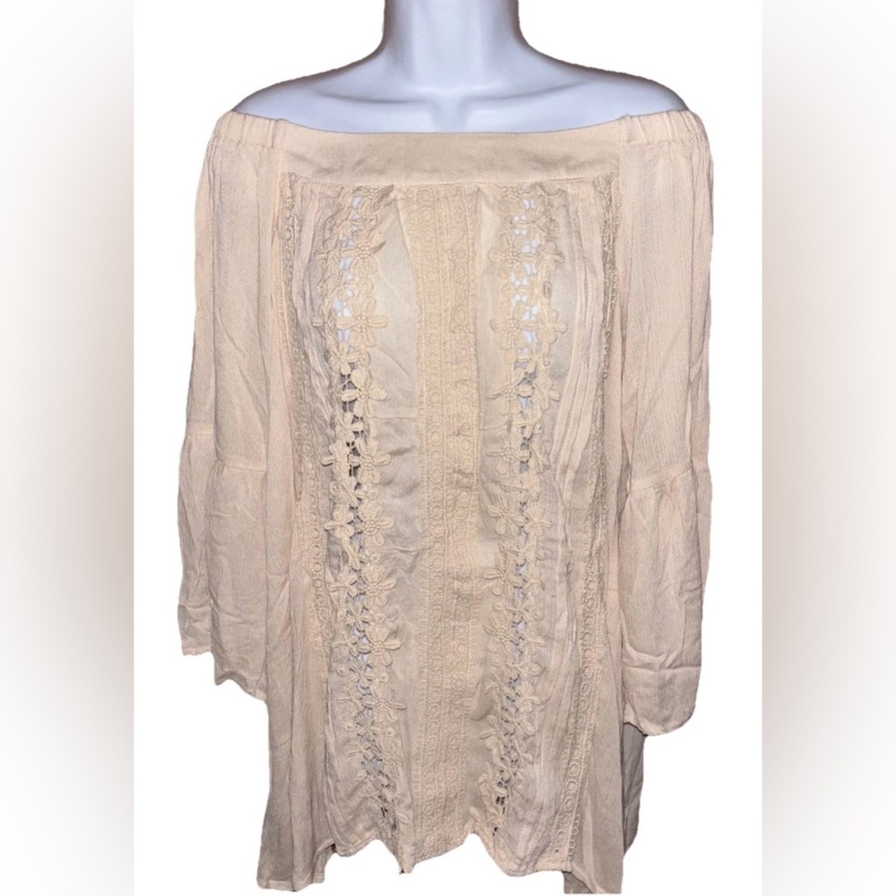 POL Crocheted Embroidery Tunic Top Women’s Oversized Med Peasant Boho Lagenlook